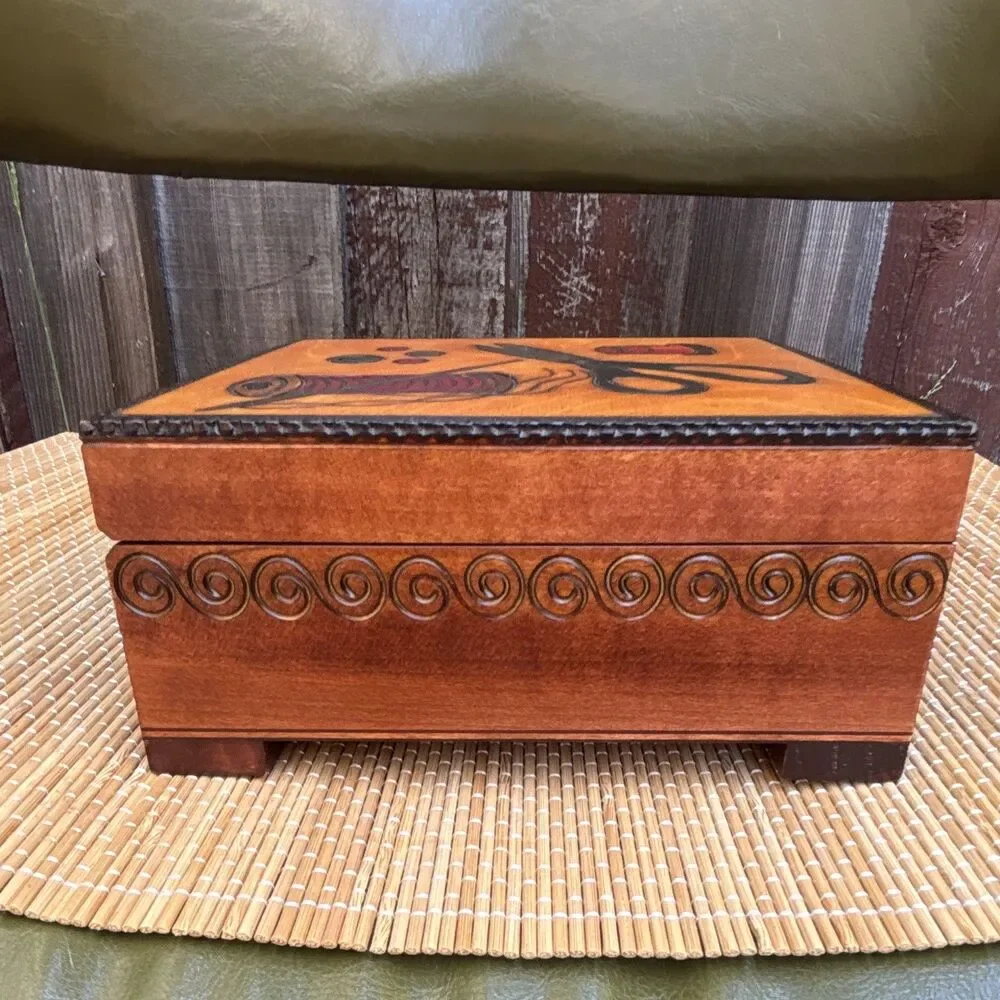 Vintage-Inspired Square Wooden Sewing Jewelry Box, Lined Interior, Poland